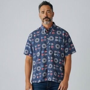 Reyn Spooner Navy Nautical Flags Yachtsman Classic 1/4 Button Aloha Shirt - XXL